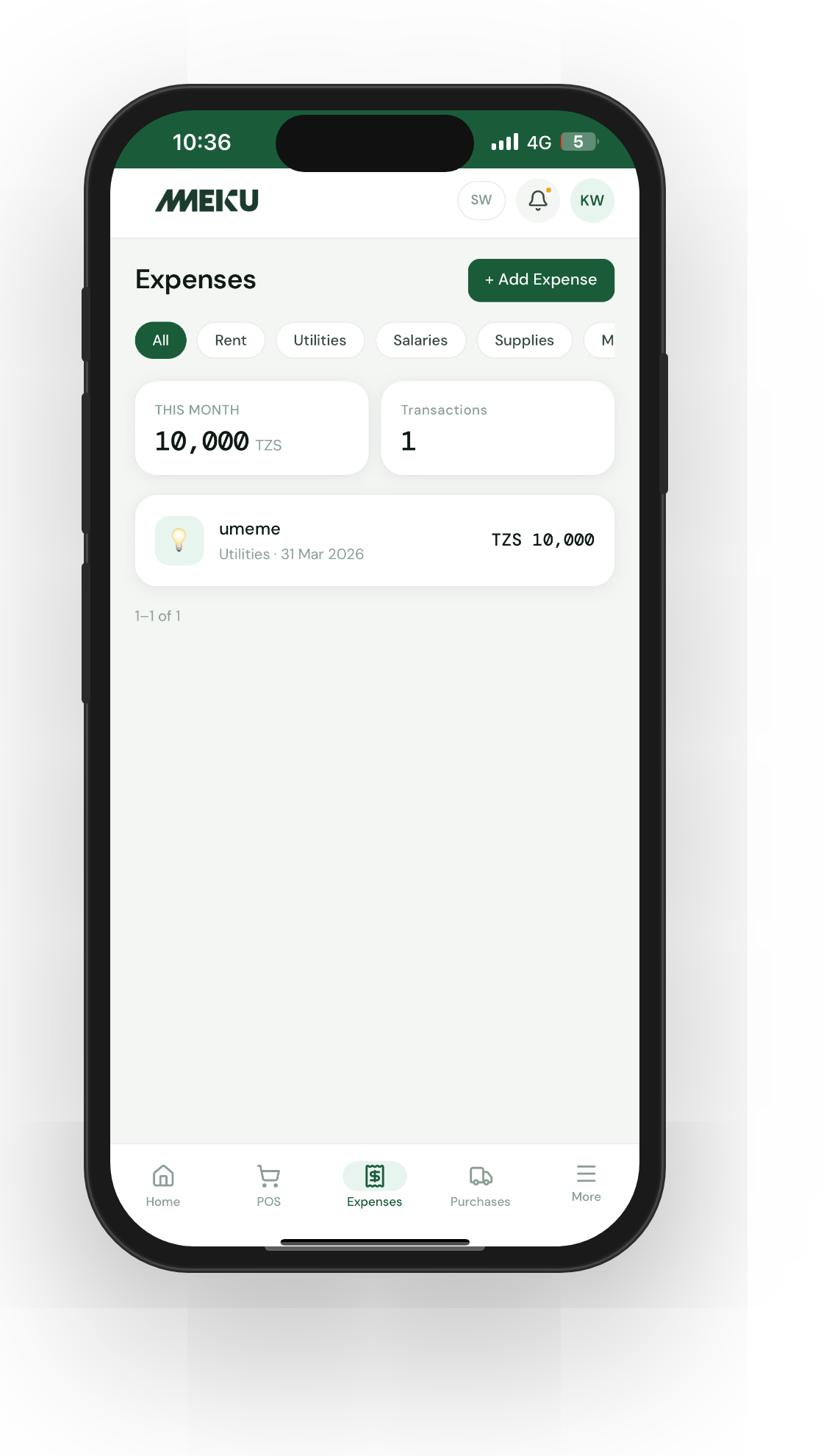 MEKU expenses tracking screen
