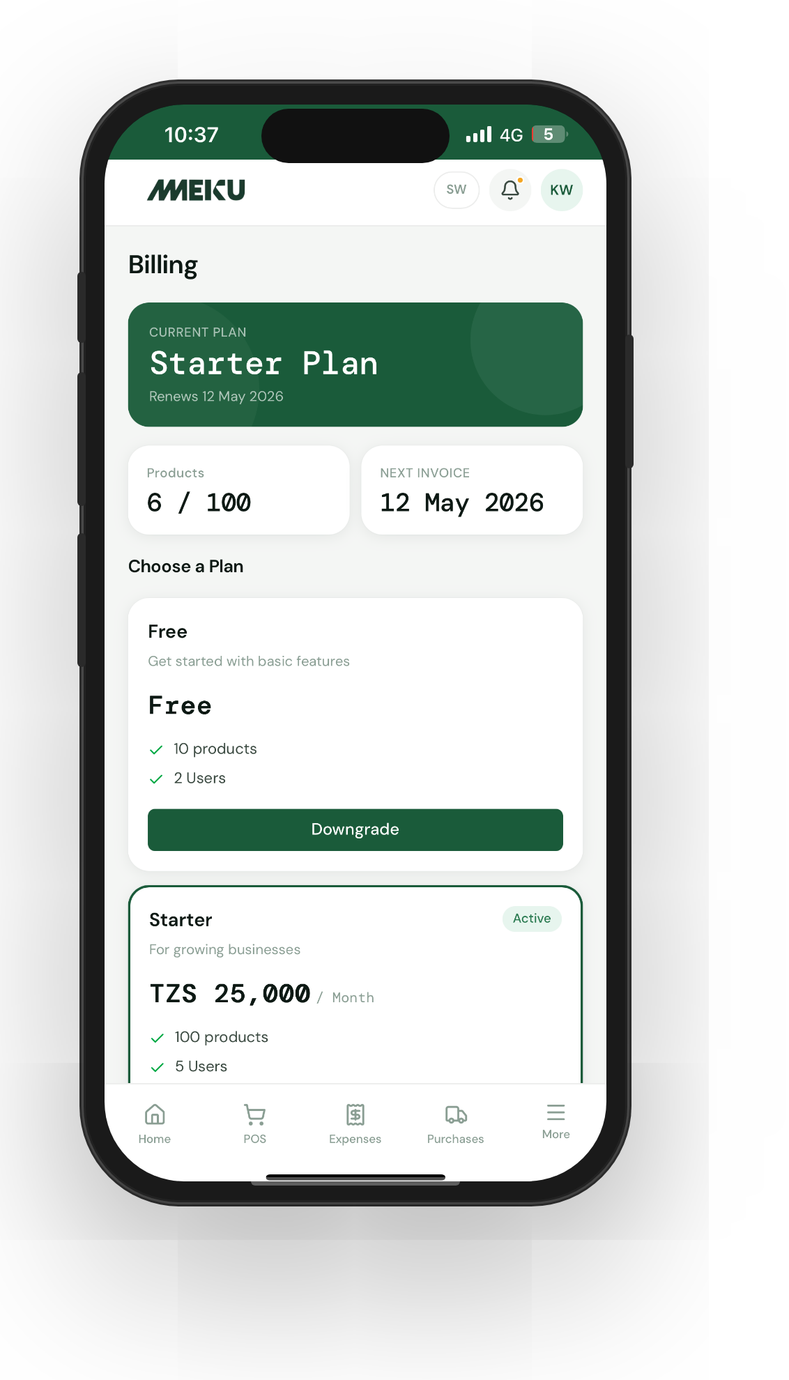 The Meku Business inventory page